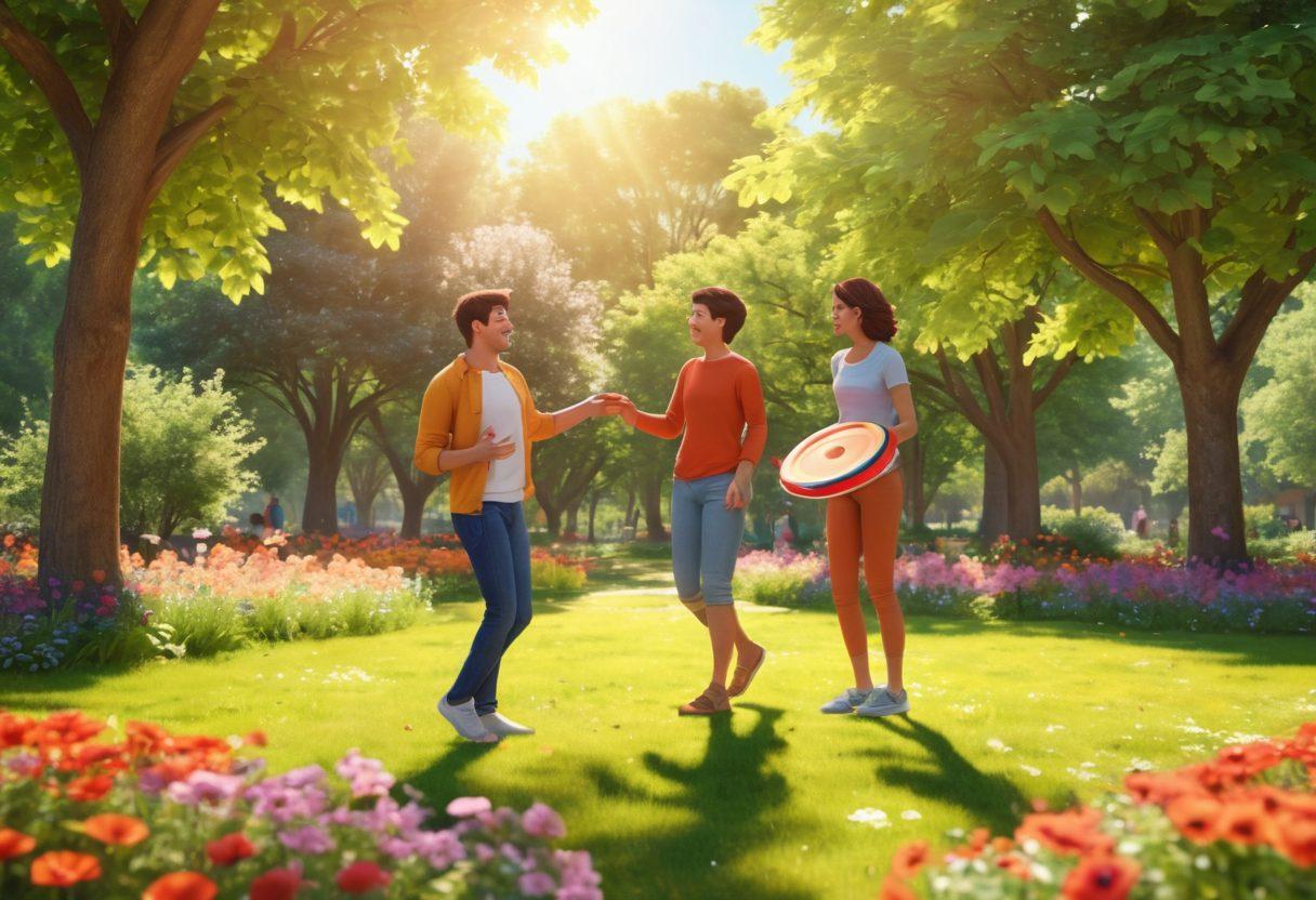 An inviting scene with two people sharing a playful moment in a beautiful park, surrounded by vibrant flowers and soft sunlight. They are engaging in a fun activity like tossing a frisbee or laughing, symbolizing the essence of flirtation and adventure. Include soft, warm tones that convey a sense of happiness and companionship. super-realistic. vibrant colors. 3D.