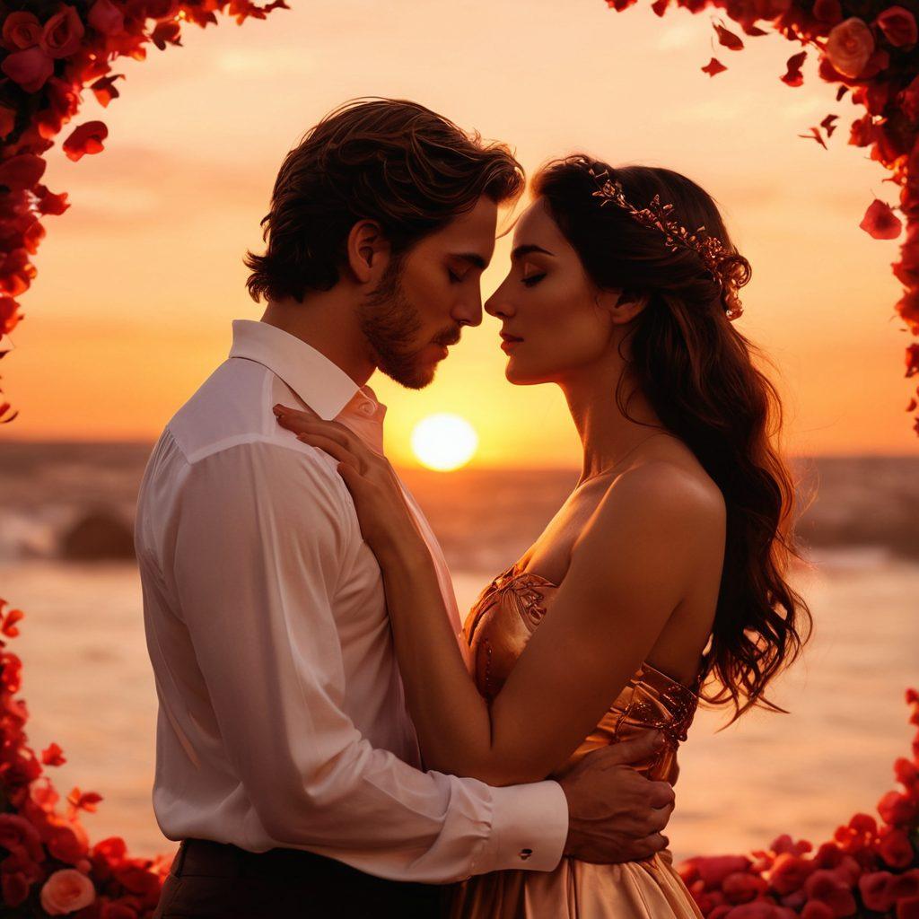 A warm, intimate setting featuring two silhouettes of romantic lovers entwined, surrounded by soft candlelight and delicate rose petals. The background showcases a serene sunset blending passion with tranquility, symbolizing deep connection. The lovers are positioned to suggest vulnerability and openness while gazing into each other’s eyes. The color palette includes deep reds, soft pinks, and golden hues to evoke feelings of love and desire. super-realistic. vibrant colors. soft focus.
