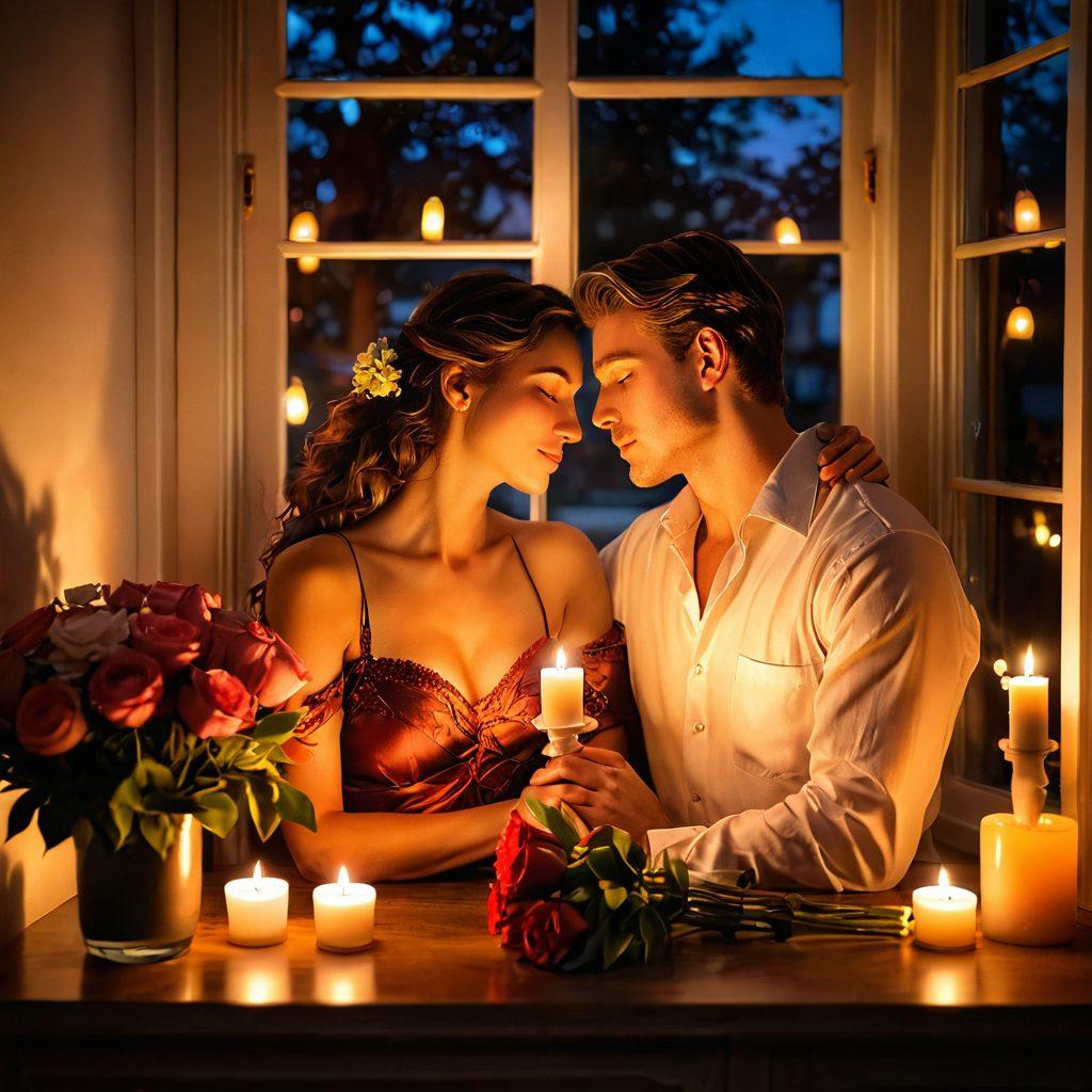 A warm and inviting scene featuring two lovers intertwined in a passionate embrace, surrounded by soft candlelight and vibrant flowers that symbolize desire. Include a softly glowing heart shape in the background and subtle hints of romantic settings, like a sunset view through an open window. Capture the essence of connection and intimacy. super-realistic. vibrant colors. soft lighting.